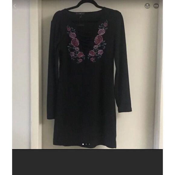 NWT~Derek Heart Black Knit Pink Rose Motif Mini Dress Sz Large - Picture 1 of 3